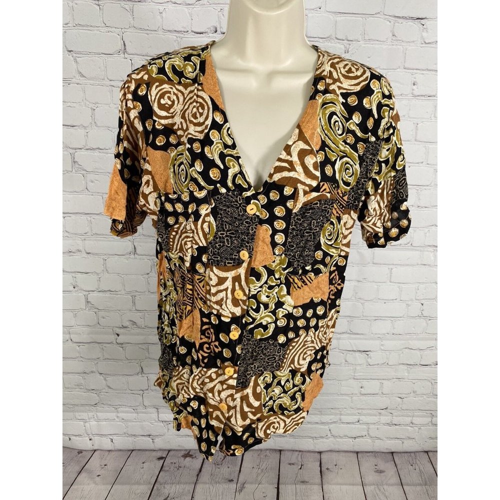 Rhythms Multicolor Geometric Print Short Sleeve V Neck Button Up Shirt Blouse S